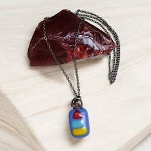 Modernist Modern Art Glass Pendant Charm Necklace Eclectic 30" Gunmetal Chain